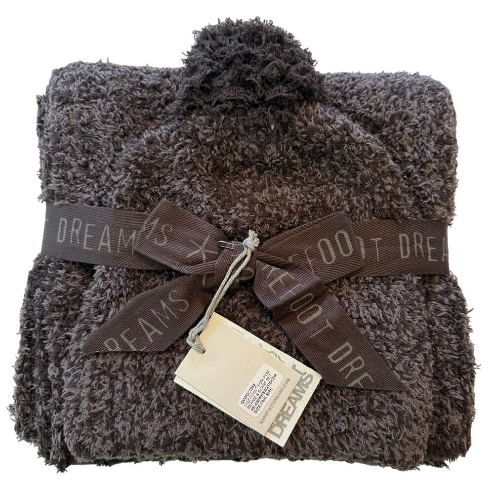 Barefoot Dreams CozyChic Pom Pom Beanie and Scarf Set in Espresso/Cocoa NWT!
